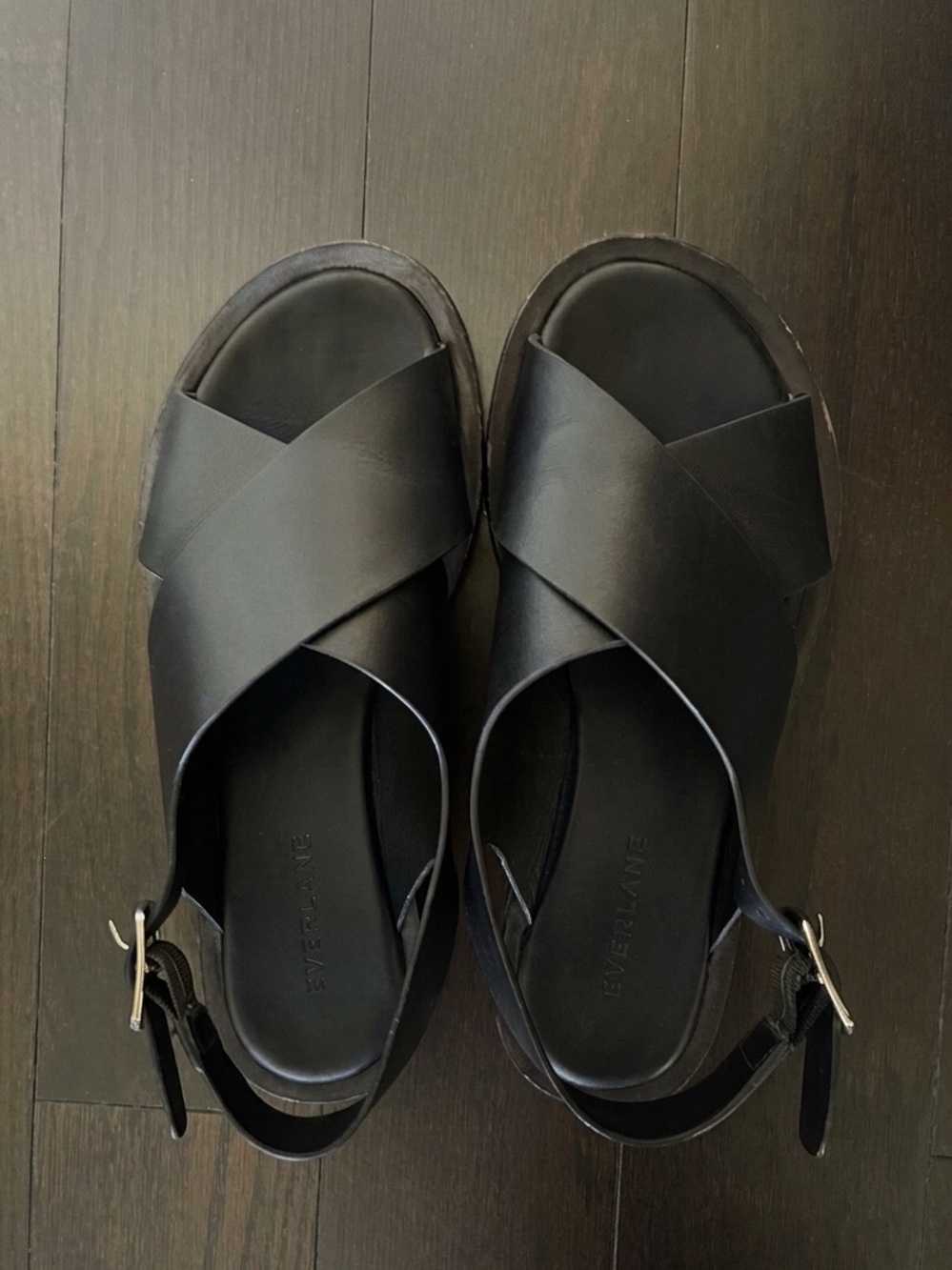 Everlane Black Leather City Cross-Strap Sandals with Ankle Buckle